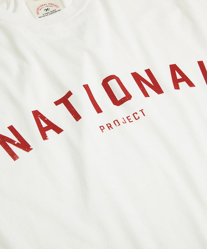 pony rider national project tee vintage white closeup