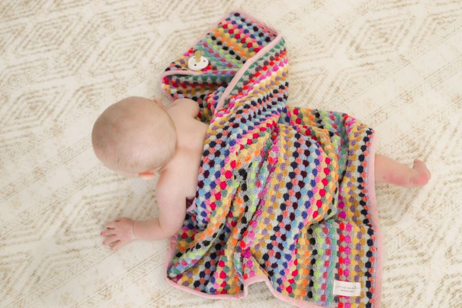 miss alice turkish cotton pompom hooded baby towel in multicolour candy