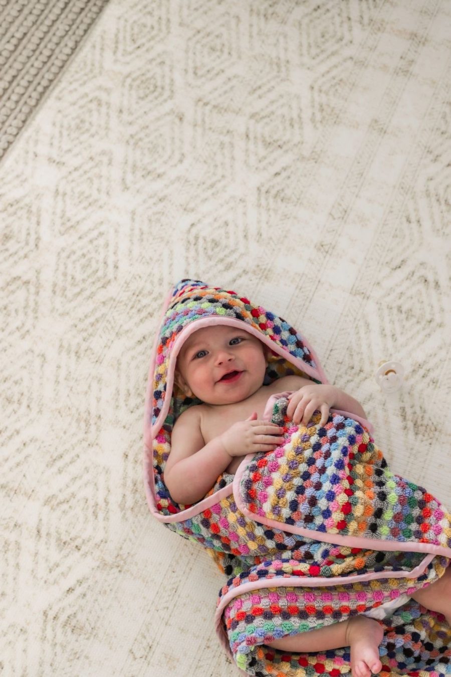 miss alice turkish cotton pompom hooded baby towel in multicolour candy