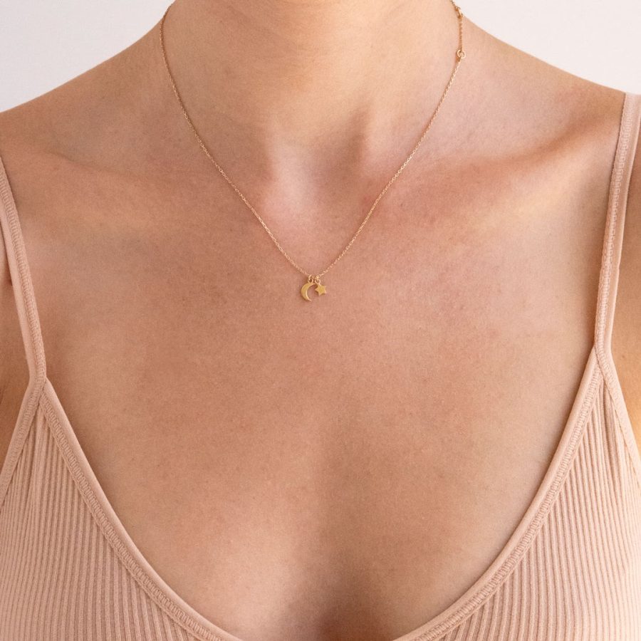 linda tahija sun and moon necklace sterling silver gold plated being worn