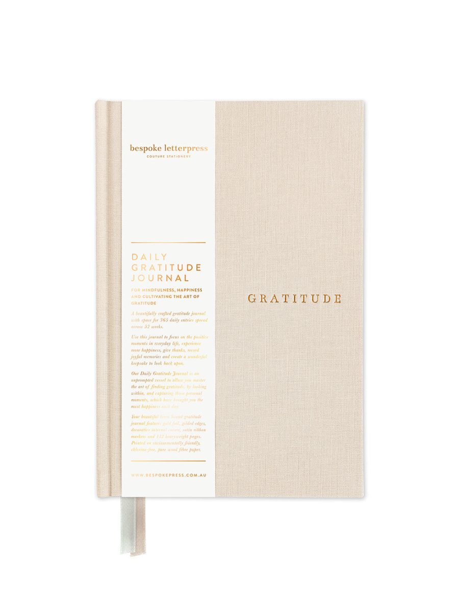 bespoke letterpress gratitude journal in oatmeal linen