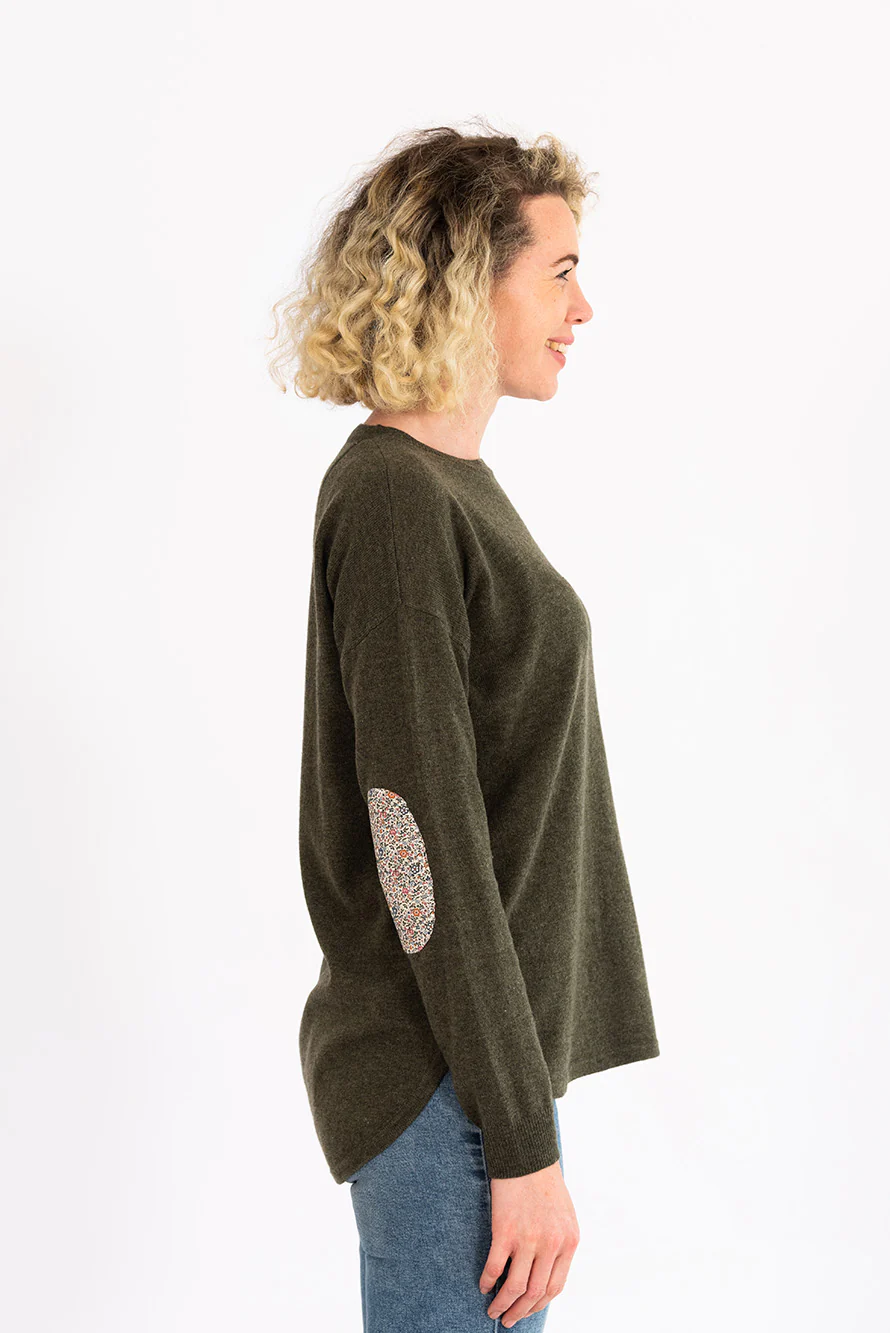 bow and arrow khaki swing jumper with liberty print elbow patches
