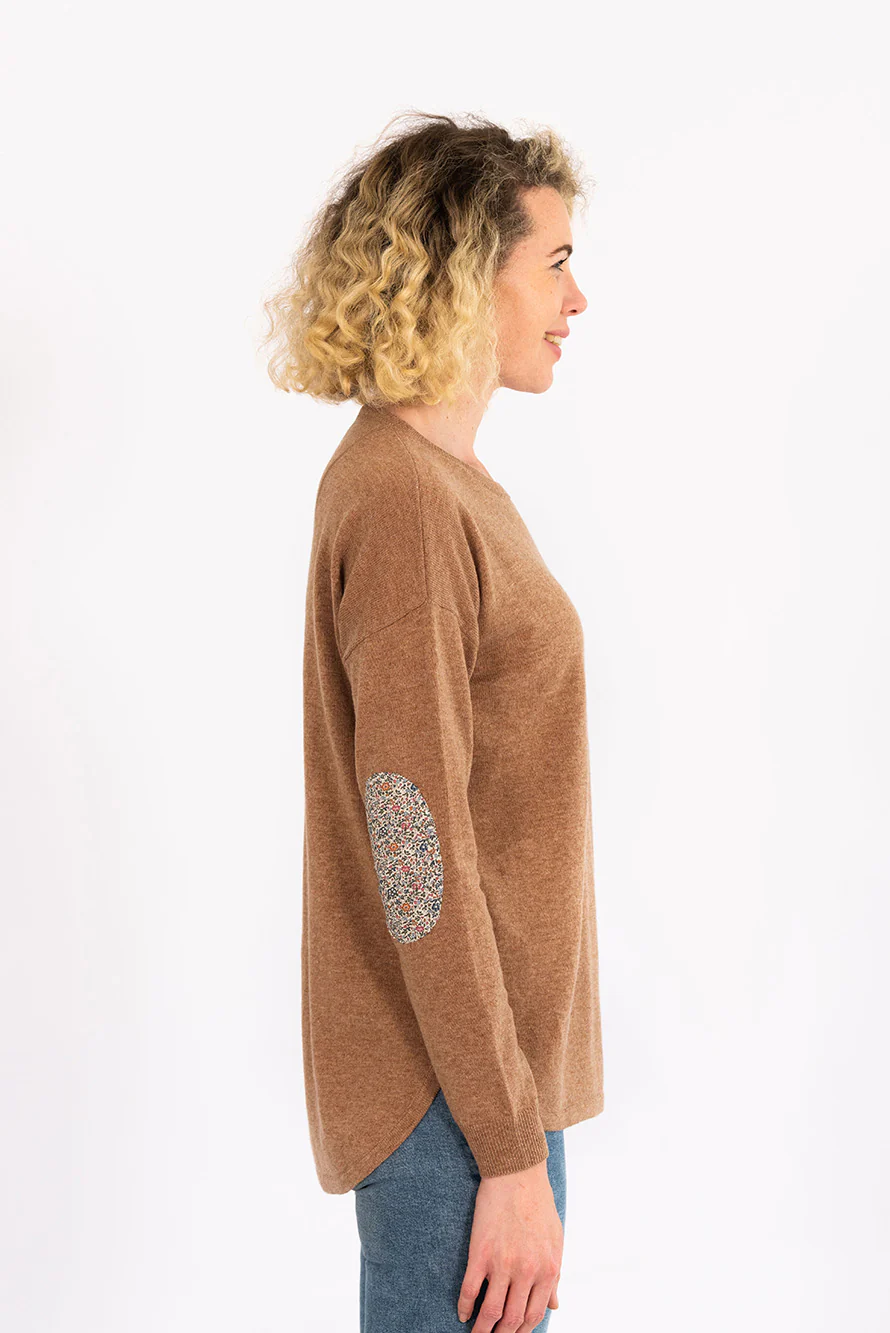 bow and arrow cinnamon swing jumper with liberty print elbow patches