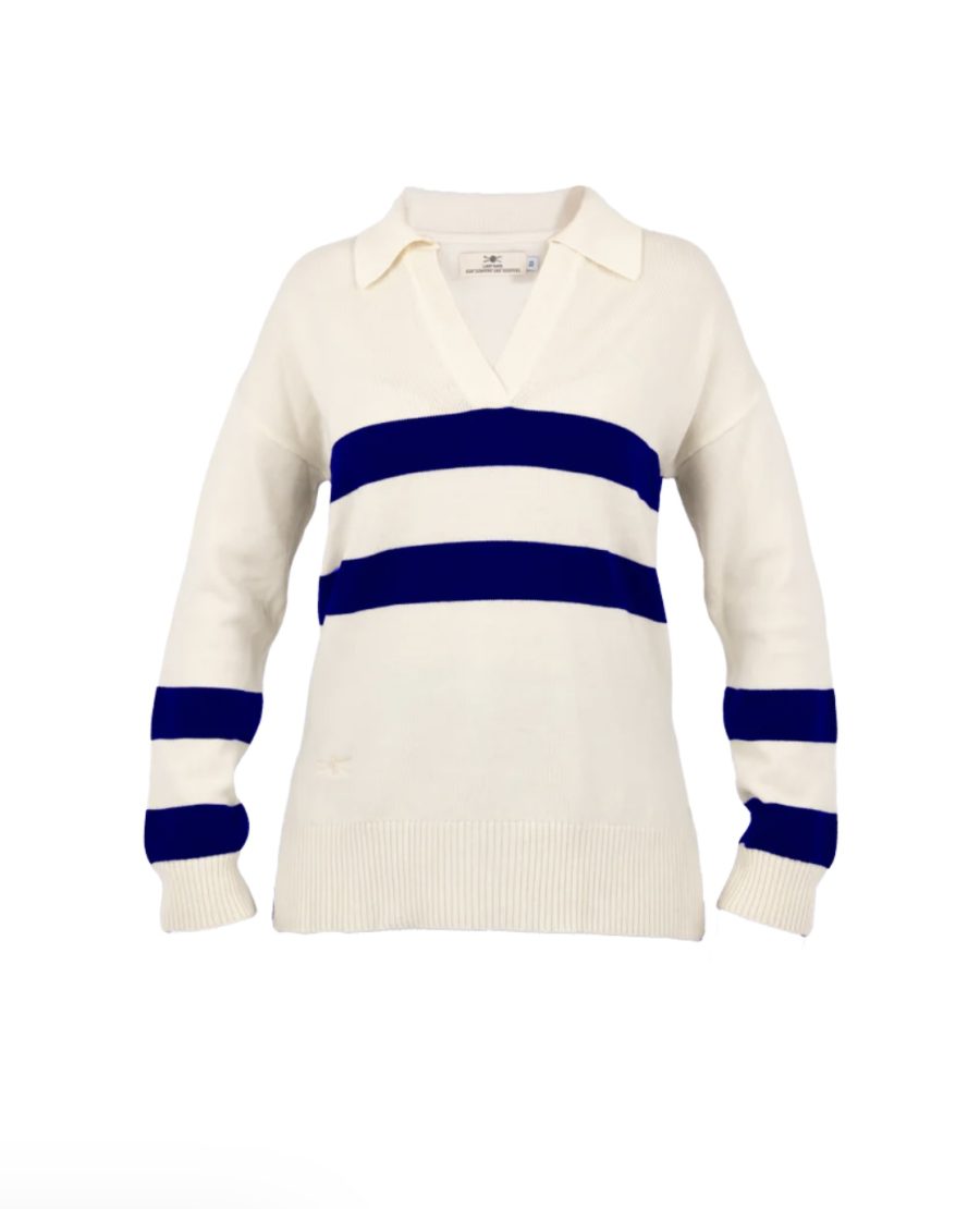 lady kate striped polo merino knit jumper in navy and white