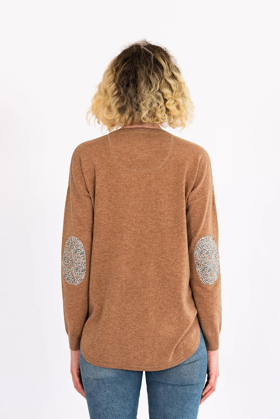 bow and arrow cinnamon swing jumper with liberty print elbow patches