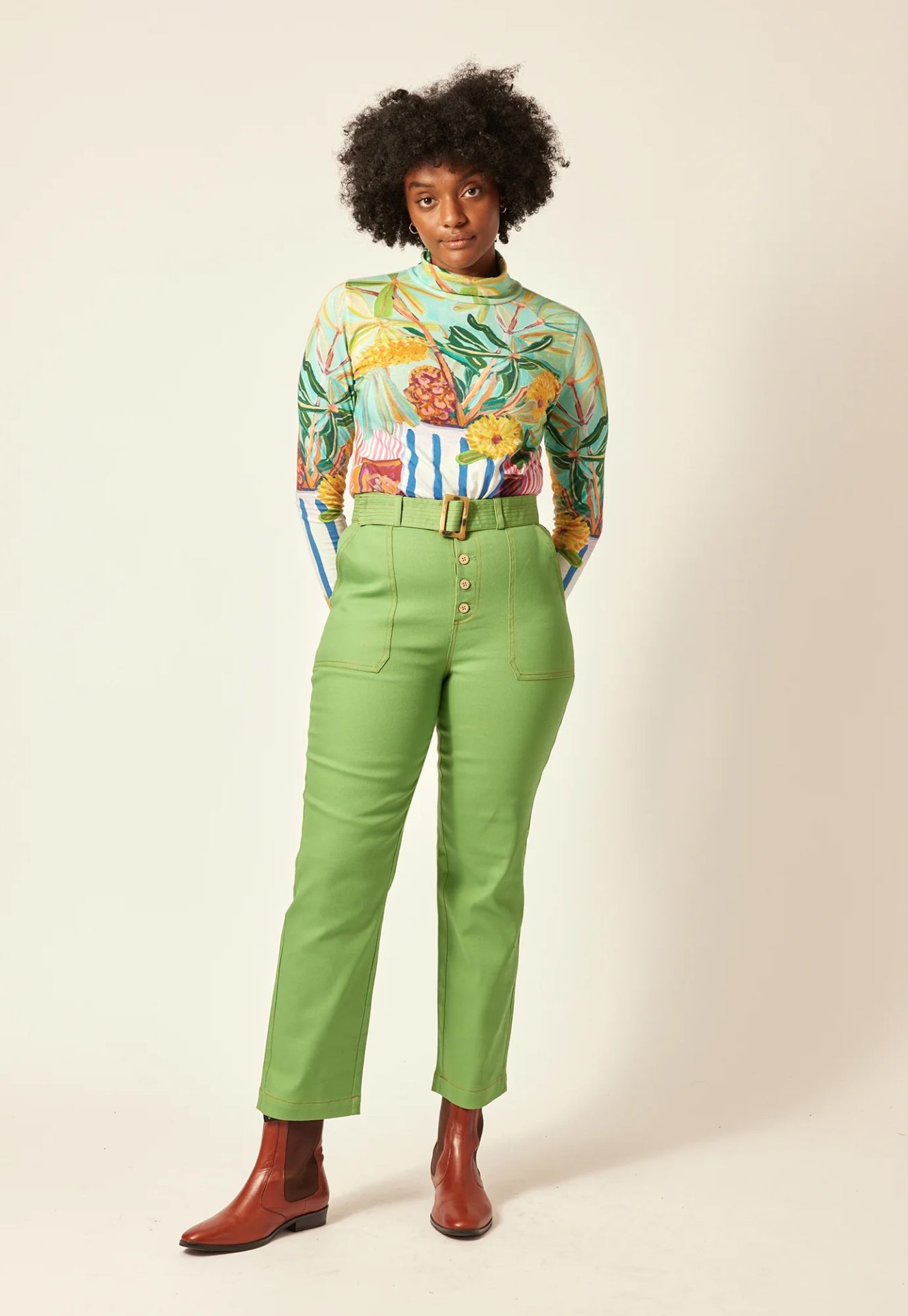 nancybird ina belted pant apple green