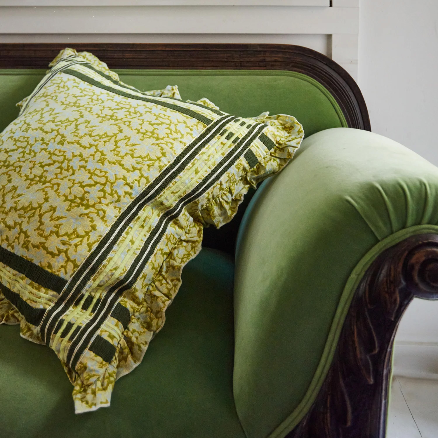 sage and clare ealing embroidered cushion in sprout