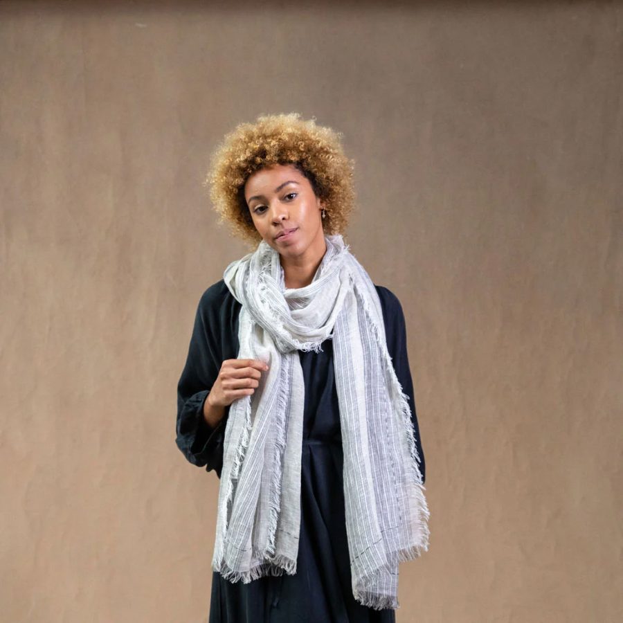 eva cassis hand embroidered scarf natural grey stripe